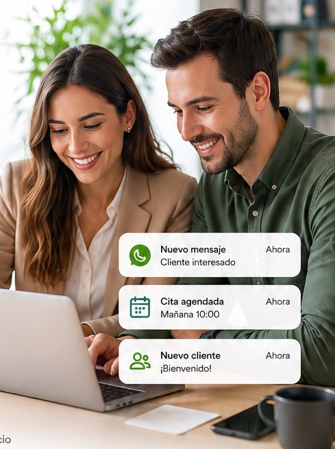 Personas revisando citas y mensajes de clientes en un portátil